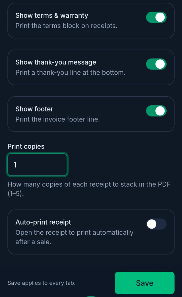 The print switches, Print copies set to 1 and the Auto-print receipt switch, with the Save button at the bottom