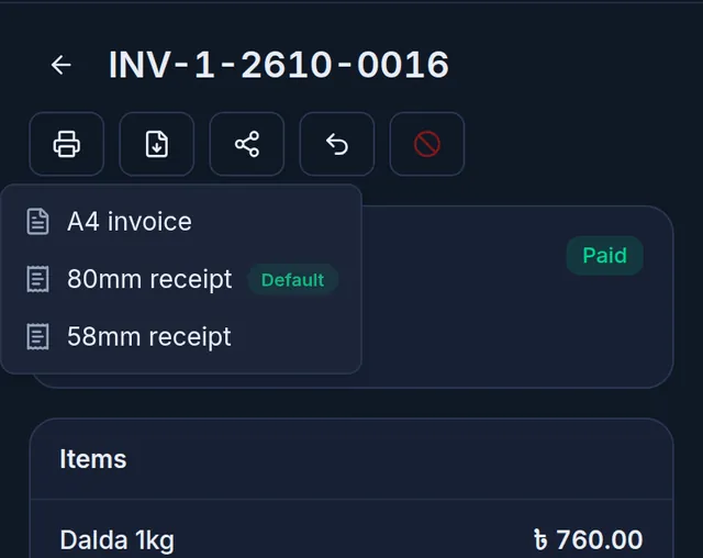 The PDF download list on a phone: A4 invoice, 80mm receipt (Default) and 58mm receipt