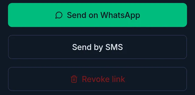 After the link is made: the Send on WhatsApp, Send by SMS and Revoke link buttons