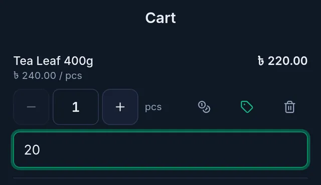 The cart on a phone: 20 typed in the line discount box of the Tea Leaf line, whose total drops from 240 to 220 taka