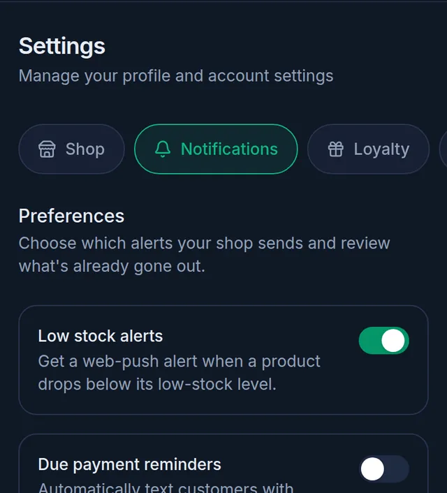 The notification settings on a phone: the Low stock alerts switch turned on