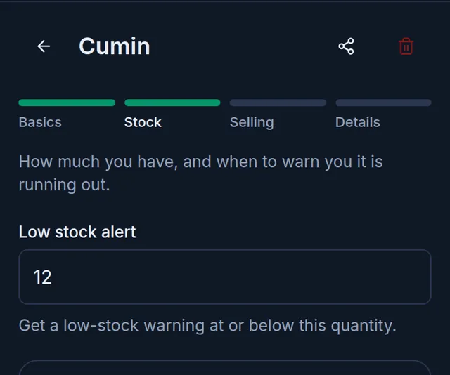 Cumin's Stock step on a phone: 12 in the Low stock alert field