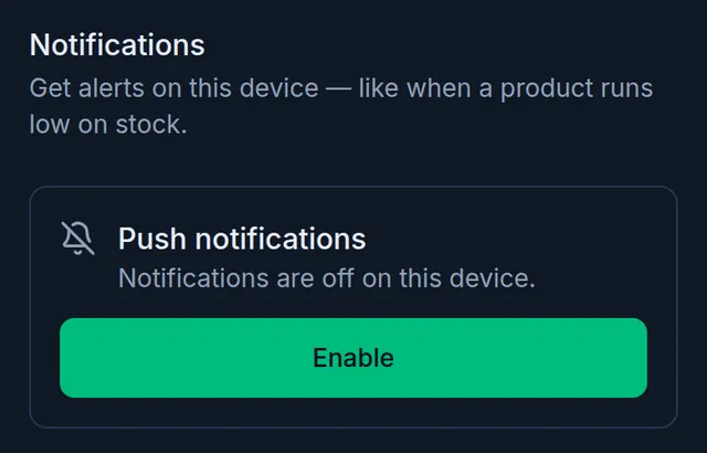 The Notifications part of the Security page on a phone: Push notifications and the Enable button