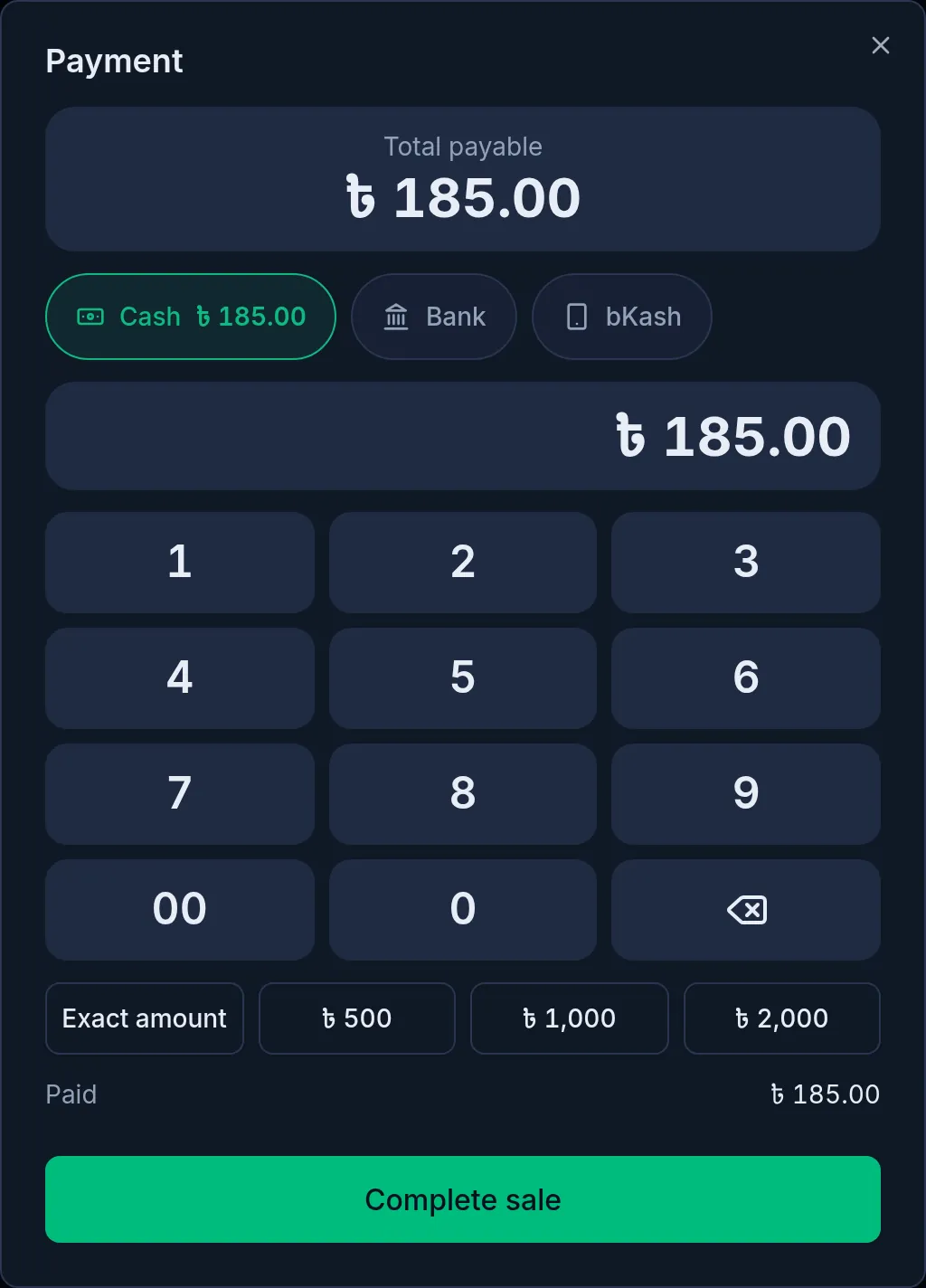 The payment window: the total payable, the account buttons, the keypad and the Complete sale button