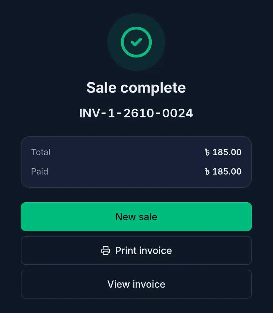 The Sale complete screen: the invoice number, the total and paid amounts, and the New sale, Print invoice and View invoice buttons