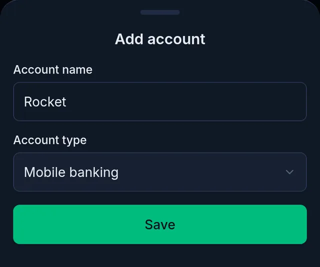 Add account: the name Rocket, the type Mobile banking, and the Save button