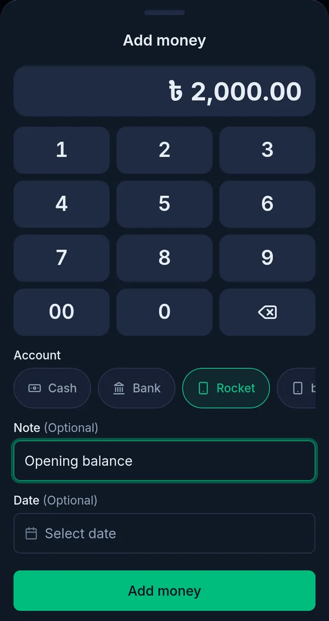 Add money: 2,000 taka, the Rocket account, the note Opening balance, and the Add money button
