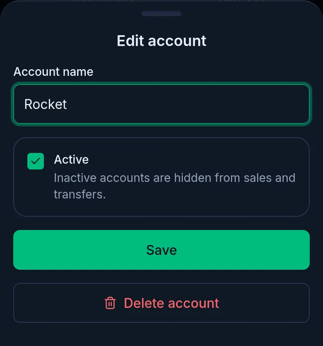 Edit account: the name, the Active tick, Save and Delete account