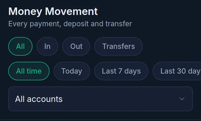 Money Movement: All, In, Out, Transfers; All time, Today, Last 7 days; and the account picker