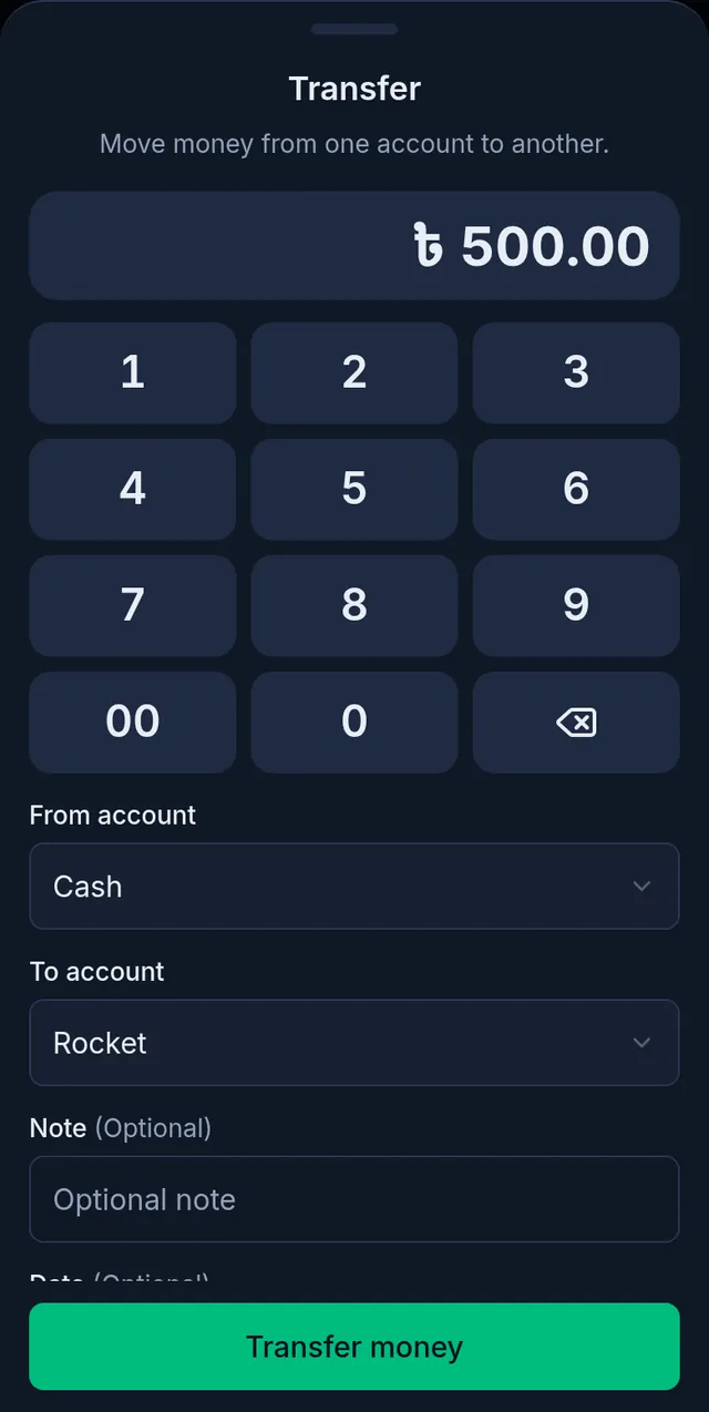 Transfer: 500 taka from Cash to Rocket, and the Transfer money button