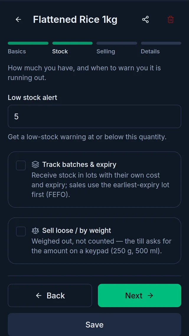 The Stock step when editing a product on a phone: only the low stock alert, no opening stock field