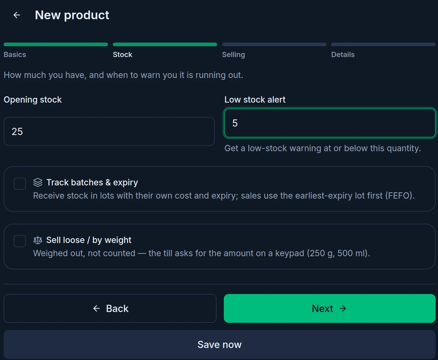 The same Stock step on a computer: opening stock 25 and low stock alert 5, with the Next and Save now buttons
