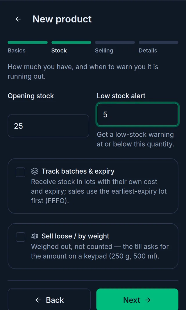 The Stock step on a phone: opening stock 25, low stock alert 5, and the batches and loose selling tick boxes below