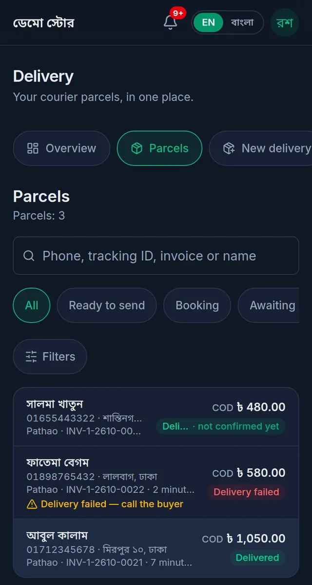 The Parcels list: three parcels with their COD and status, one delivered not confirmed yet, one delivery failed and one delivered