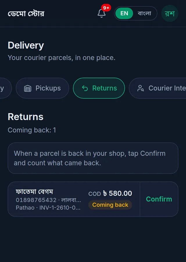 The Returns tab: one parcel coming back, with its COD and a Confirm button