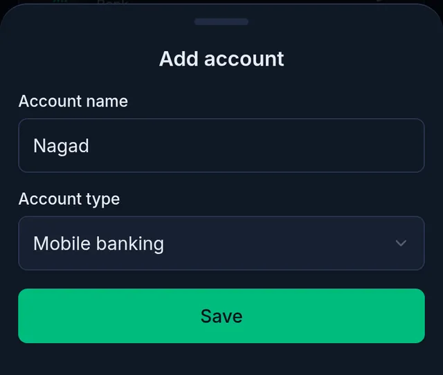Add account: the name Nagad, the type Mobile banking, and the Save button