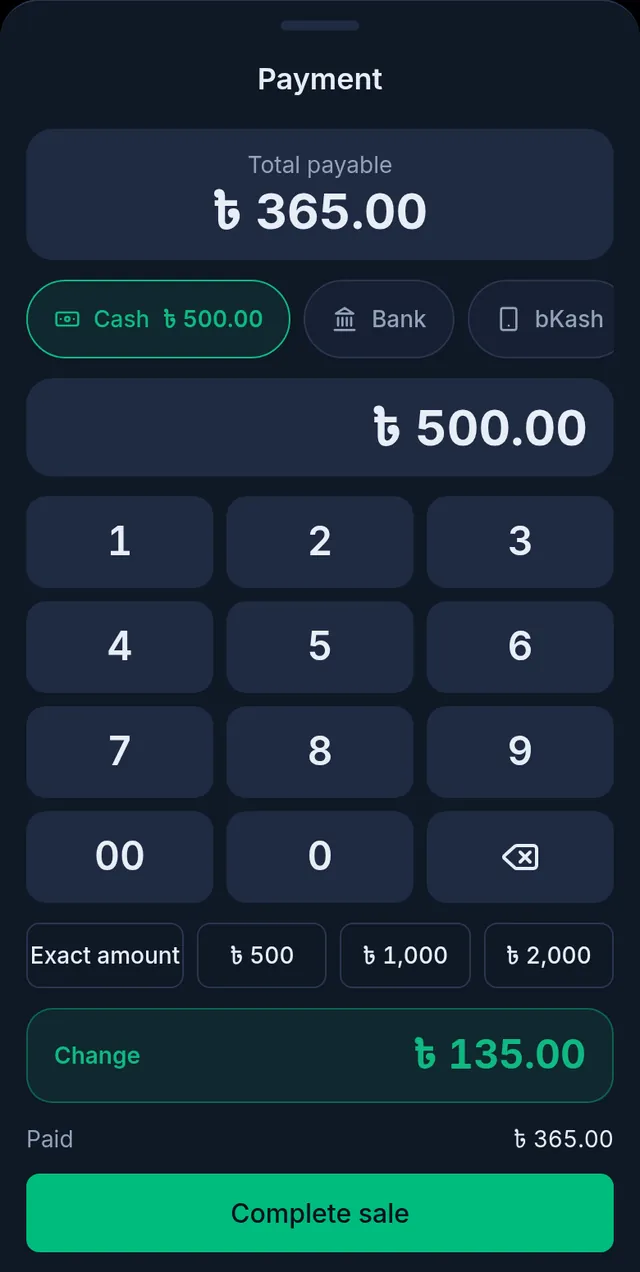 Payment: a total of 365 taka, 500 taken in cash, and 135 taka change