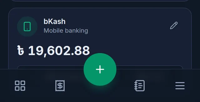 The bottom of My Money: the round + button, above it the bKash account's card
