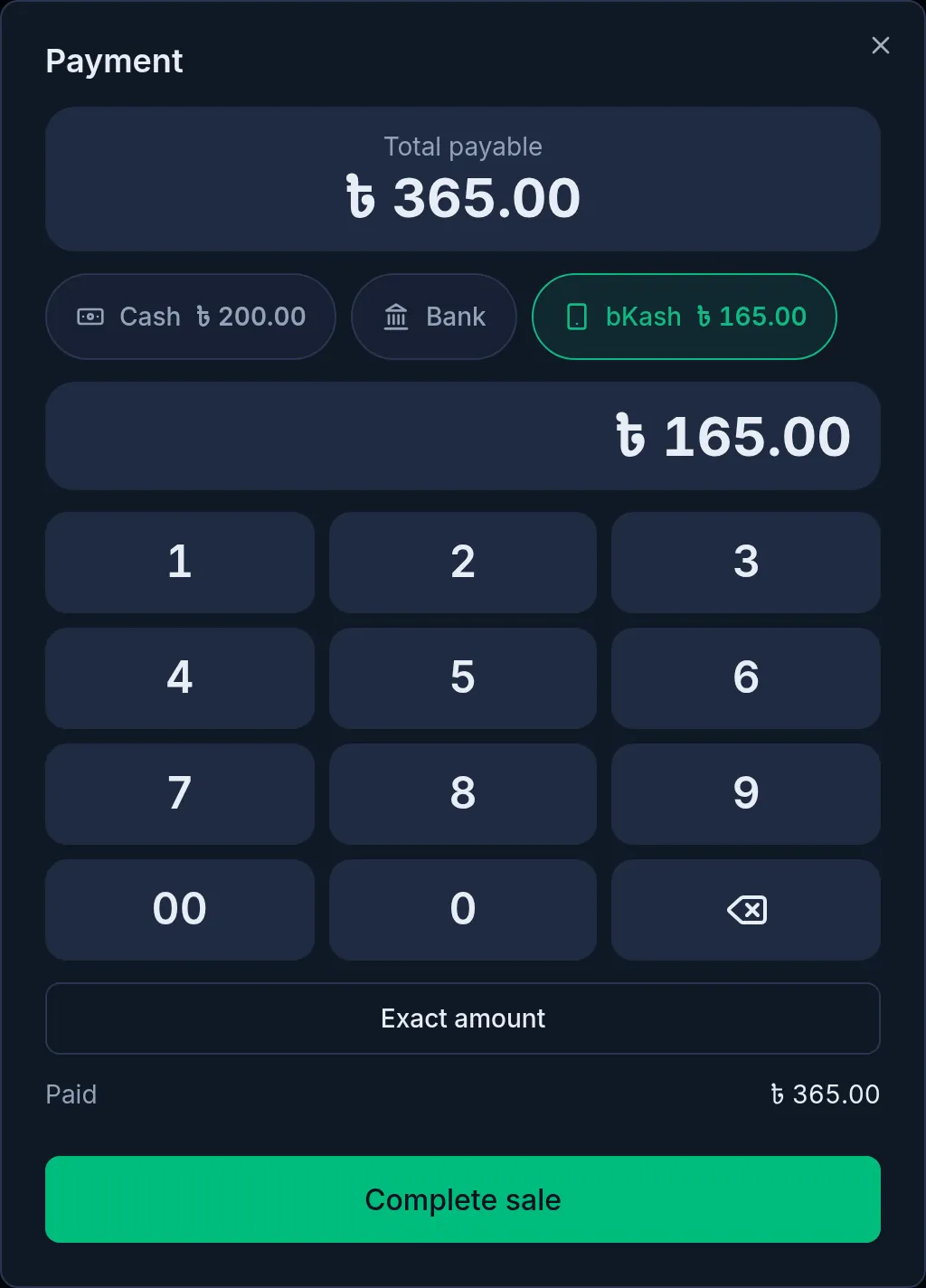 The payment window on a computer: 200 taka cash and 165 taka bKash, with Complete sale below