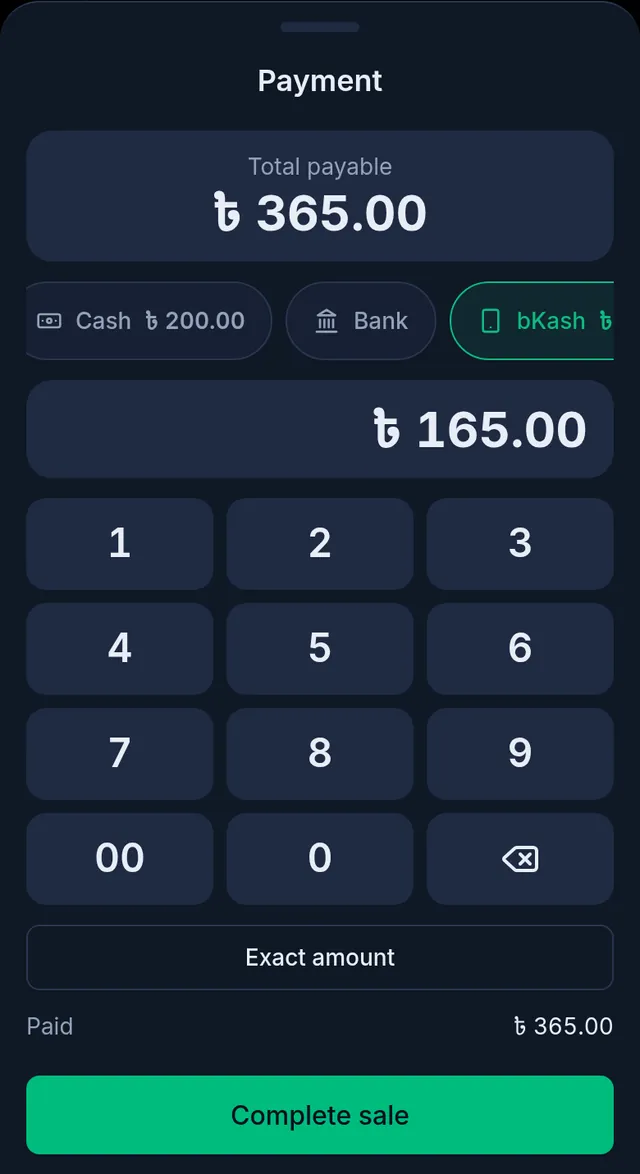 A split payment: 200 in cash, 165 by bKash, 365 taka paid