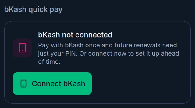 bKash quick pay: bKash not connected, with the Connect bKash button