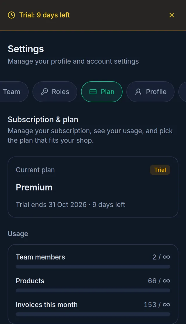 The plan page during the trial: the Trial strip at the top, the Premium plan with the Trial badge and its end date, and Usage