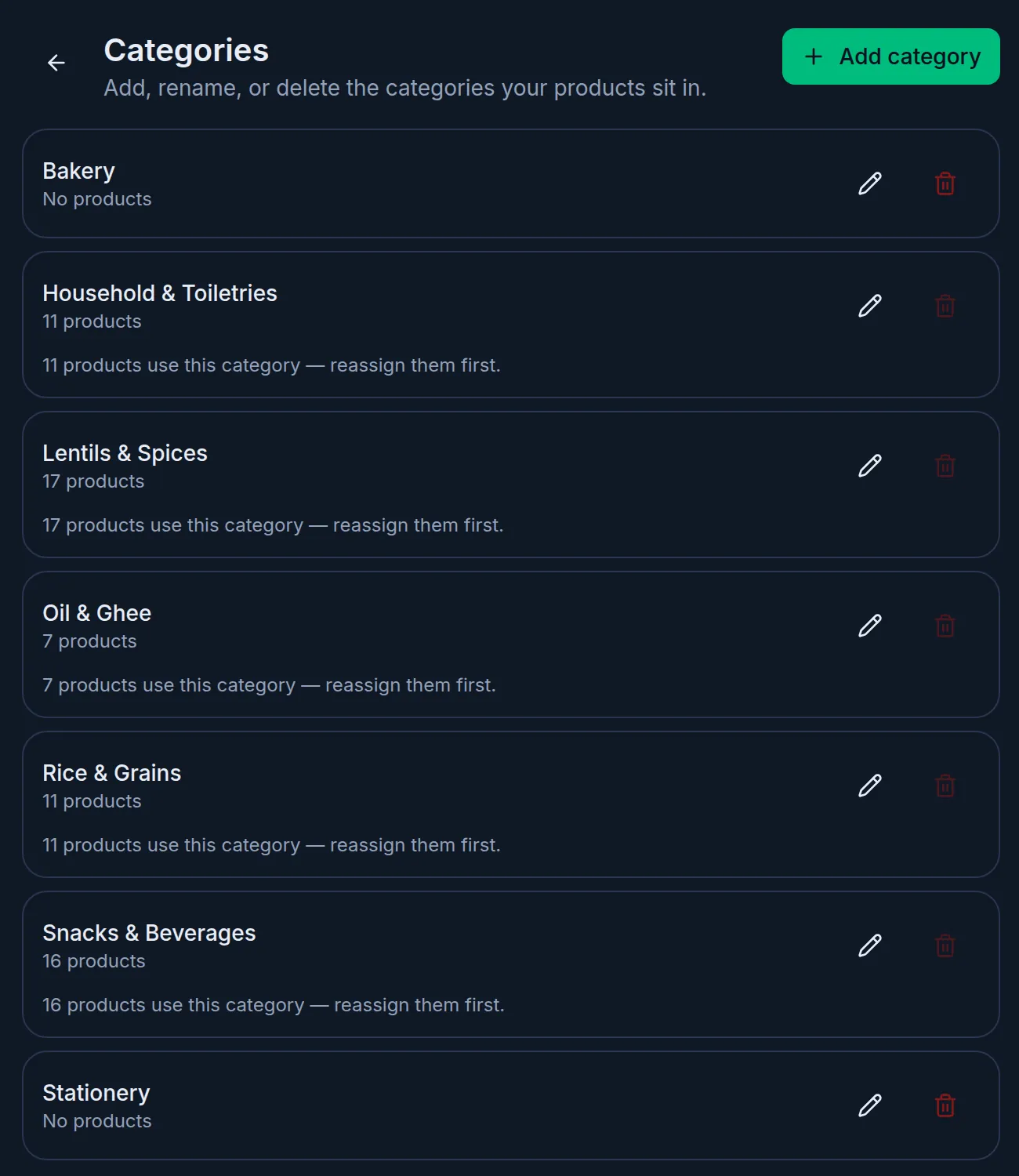 The categories page on a computer: the Add category button at the top, and the new categories with no products
