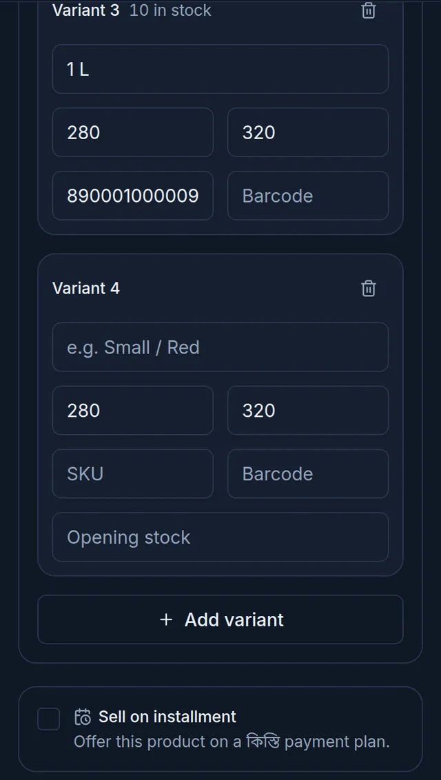 Editing the product on a phone: Variant 3 with 10 in stock, and below it the new Variant 4 row with its Opening stock field