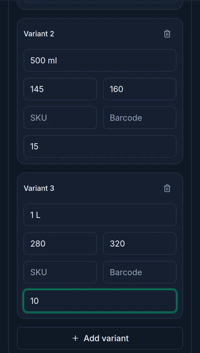 Variants 2 and 3 on a phone: 500 ml and 1 L, each with its cost and sale price and opening stock