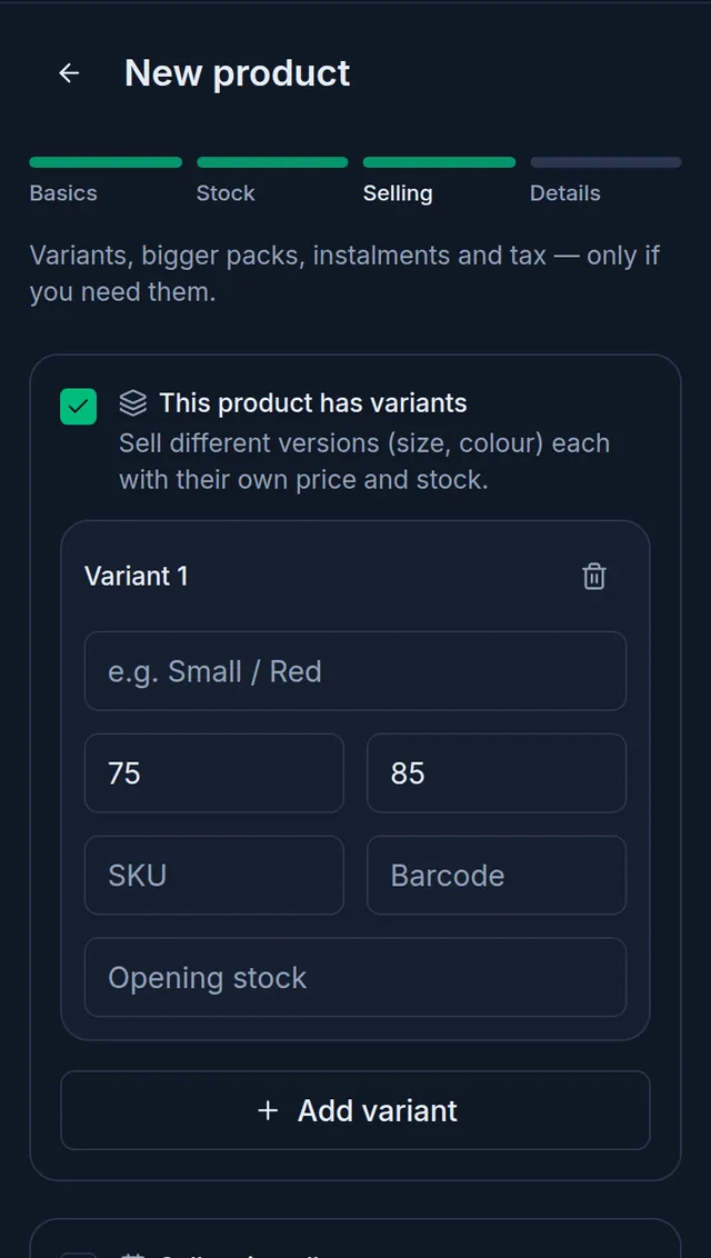 The Selling step on a phone: This product has variants ticked, the empty Variant 1 row and the Add variant button