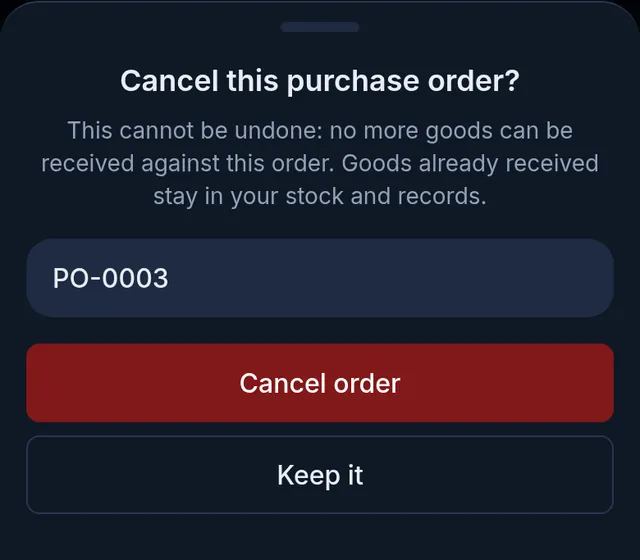 The cancel question: order number PO-0003, with the Cancel order and Keep it buttons