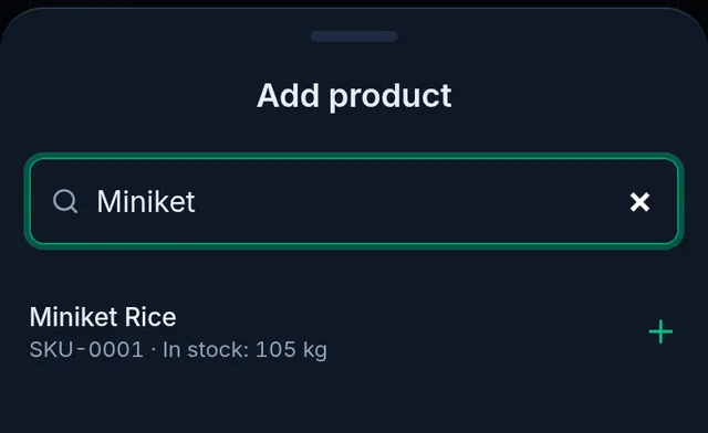 Add product: searching for Miniket, with the stock in hand beside it