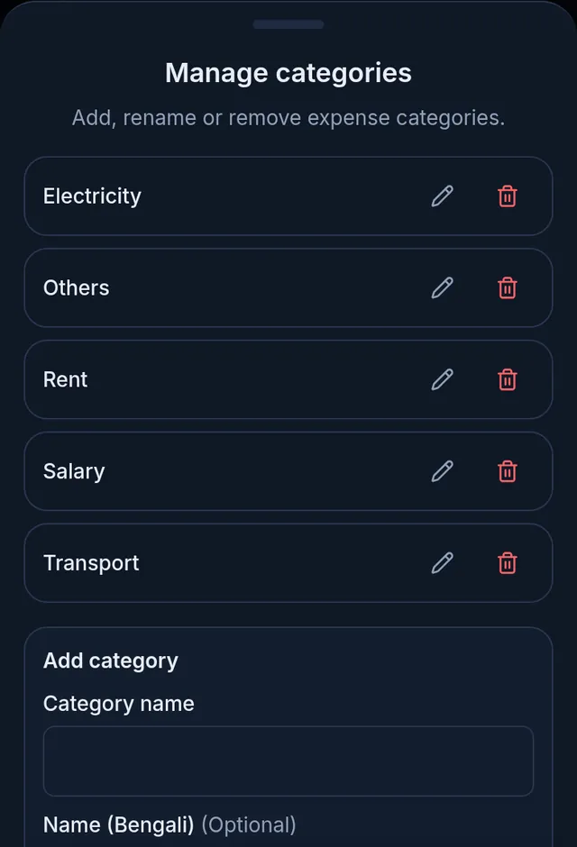 Manage categories: Electricity, Others, Rent, Salary and Transport, each with a pencil and a bin, and the add category form below