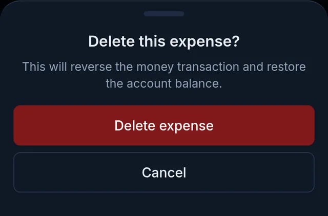 Delete this expense? with the Delete expense and Cancel buttons