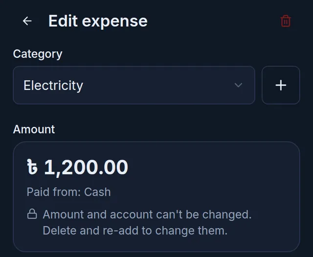 Edit expense: the delete button at the top, the category, and the amount and account that cannot change