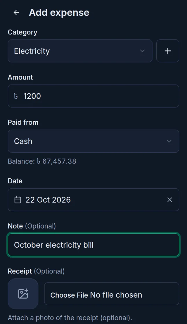 Add expense: Electricity, 1200, paid from Cash with its balance, the date, a note and the receipt