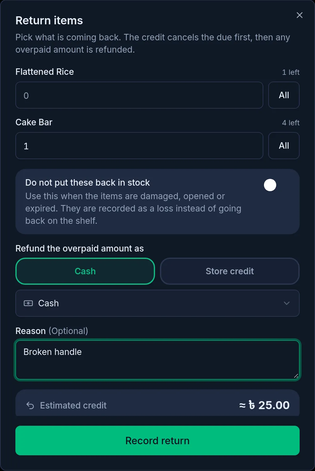 The return window on a computer: the items, the quantity coming back, cash or store credit, and the estimated credit