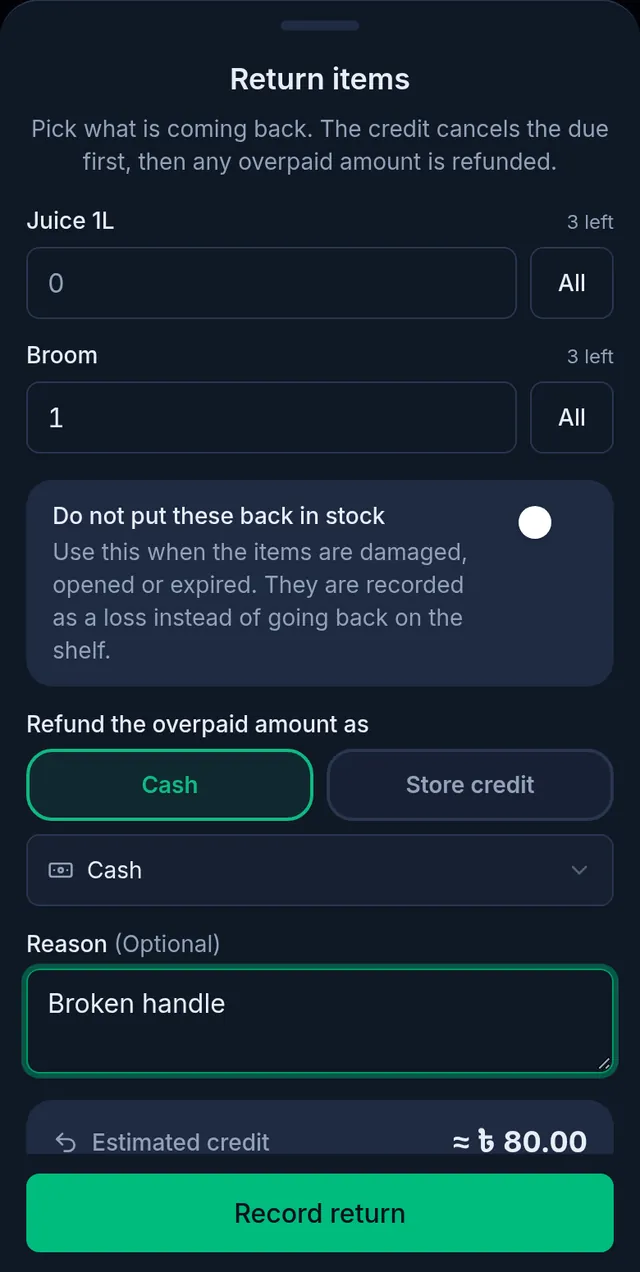 Returning on a phone: 1 Broom coming back, the do-not-restock switch, a cash refund from the Cash account, a reason and the Record return button