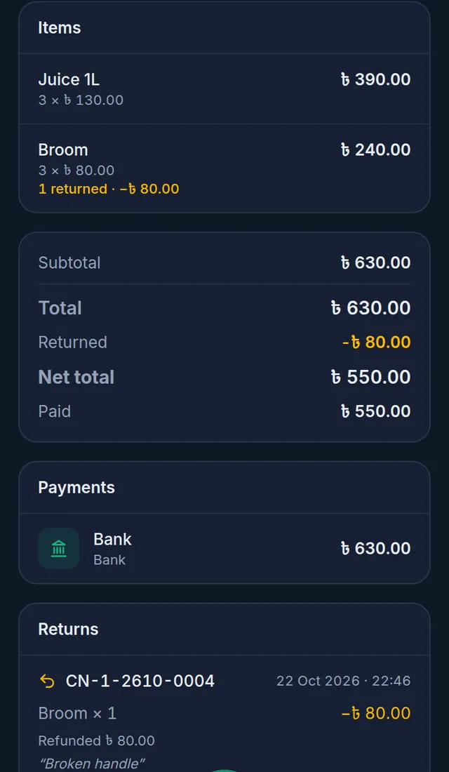 A sale after a return: 1 Broom returned, 80 taka returned, the net total, and the credit note with its cash refund under Returns