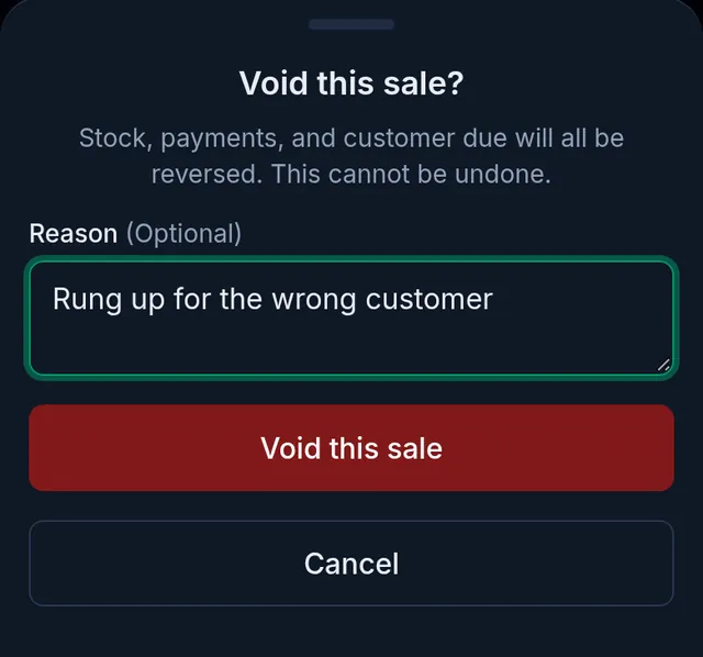 Void this sale?: the reason box, the red Void this sale button and Cancel