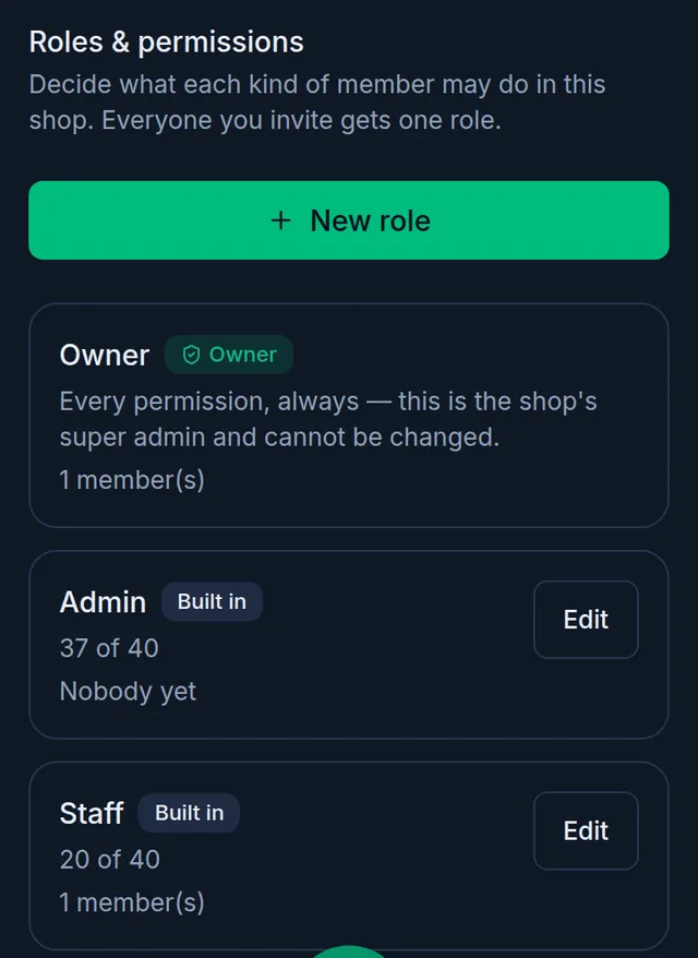 Roles & permissions: the New role button and the Owner, Admin and Staff cards