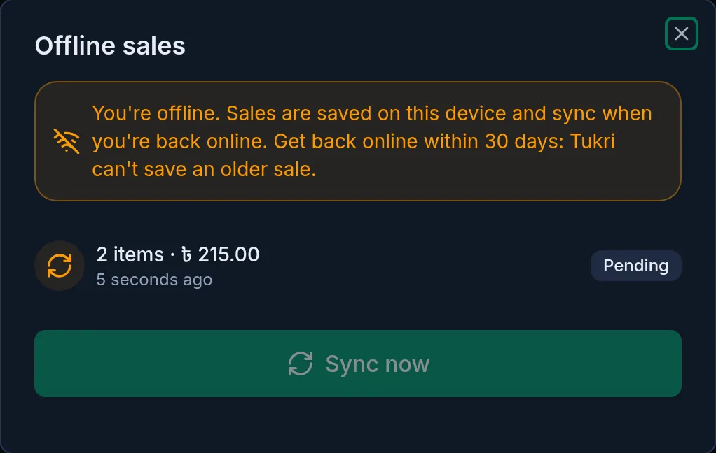 The offline sales list on a computer: one pending sale and the Sync now button