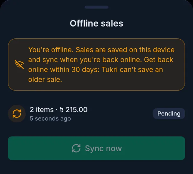 Offline sales: the you-are-offline notice, one pending sale of 2 items for 215 taka, and the Sync now button