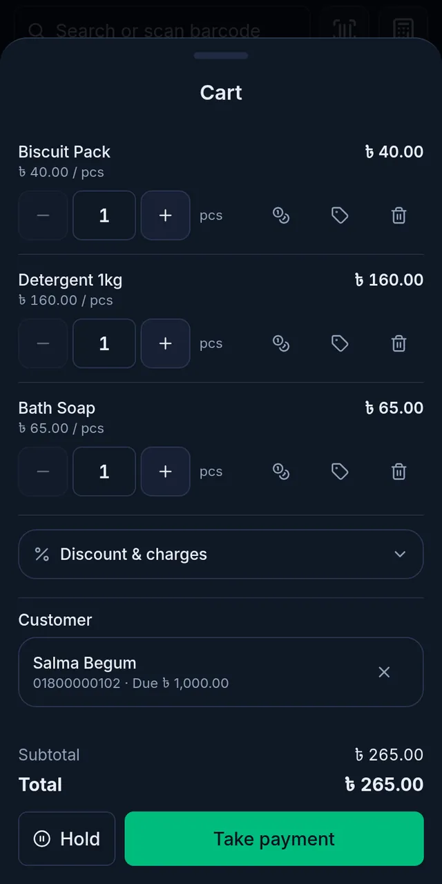 The cart with a customer attached: Salma Begum, her current due and the Take payment button