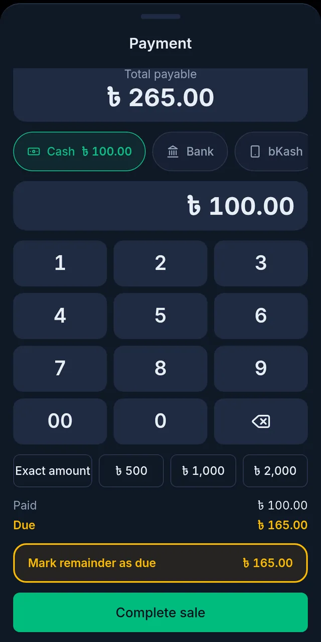 Payment: a total of 265 taka, 100 in cash, 165 due, and Mark remainder as due chosen