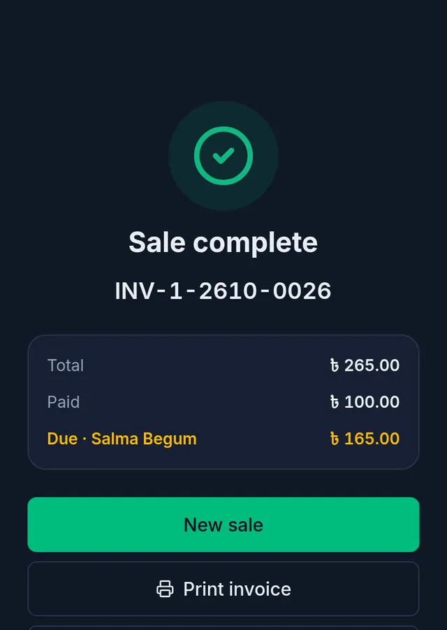 Sale complete: total 265, paid 100, due 165 for Salma Begum