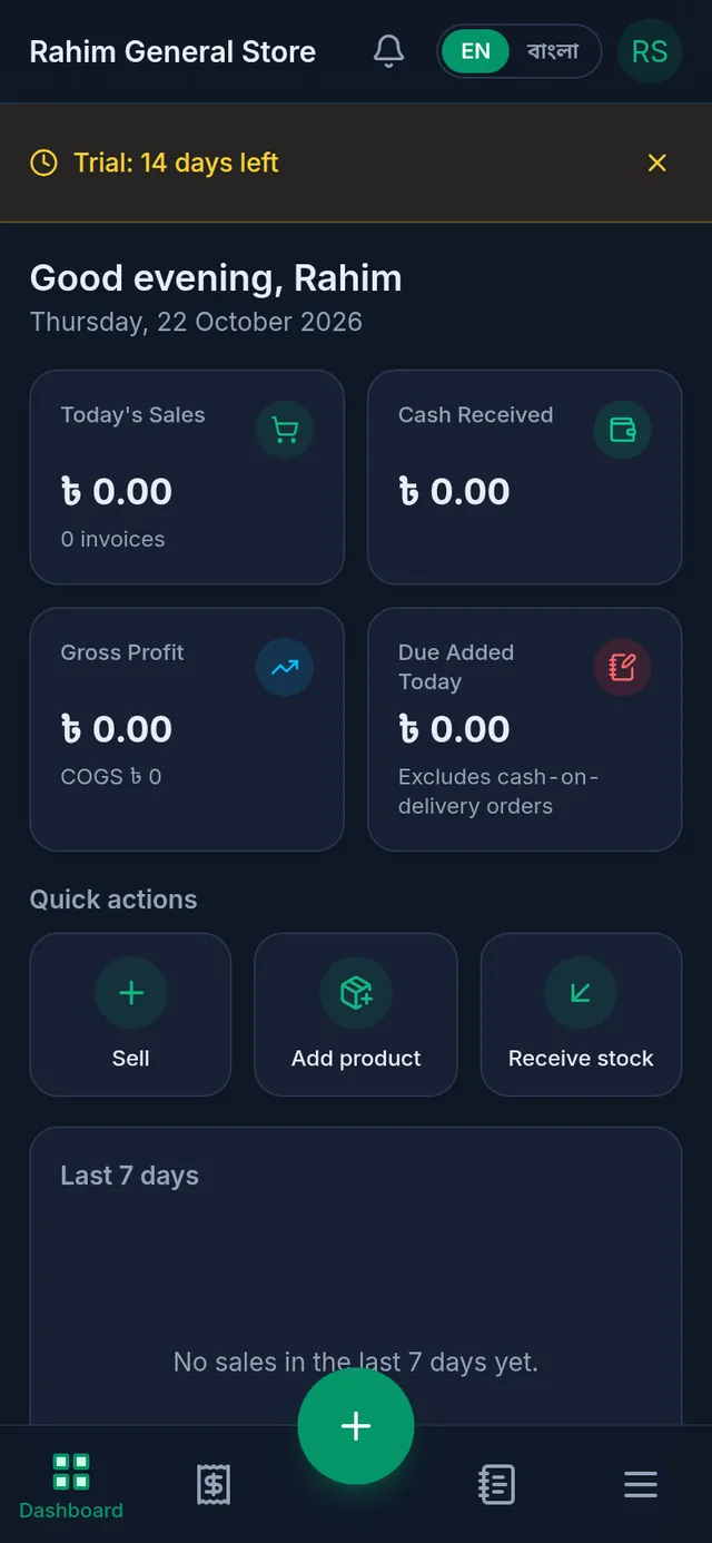 A new shop's Dashboard: the trial days left at the top, today's figures and the quick actions Sell, Add product and Receive stock
