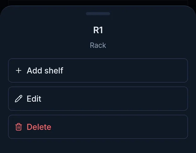 The options for rack R1: Add shelf, Edit and Delete
