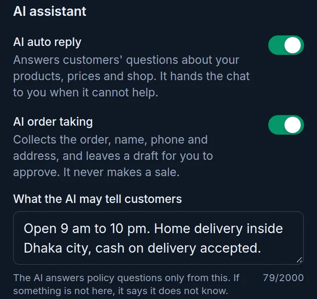 AI assistant: AI auto reply and AI order taking on, and the shop's hours and delivery terms in What the AI may tell customers