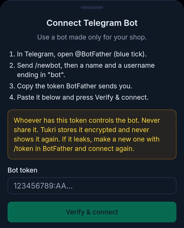 Connect Telegram Bot: the four BotFather steps, the warning about the token, the Bot token box and the Verify & connect button